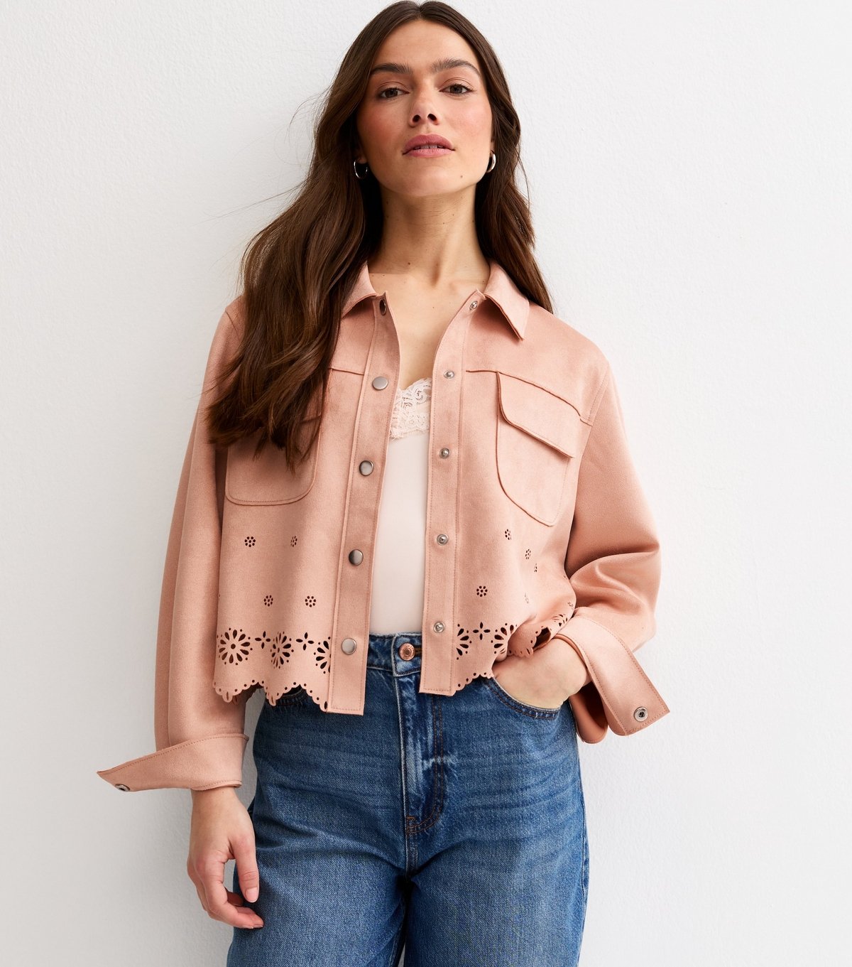 New Look Women's Petite Light Pink Cutwork Faux Suede Shacket New Look - 2