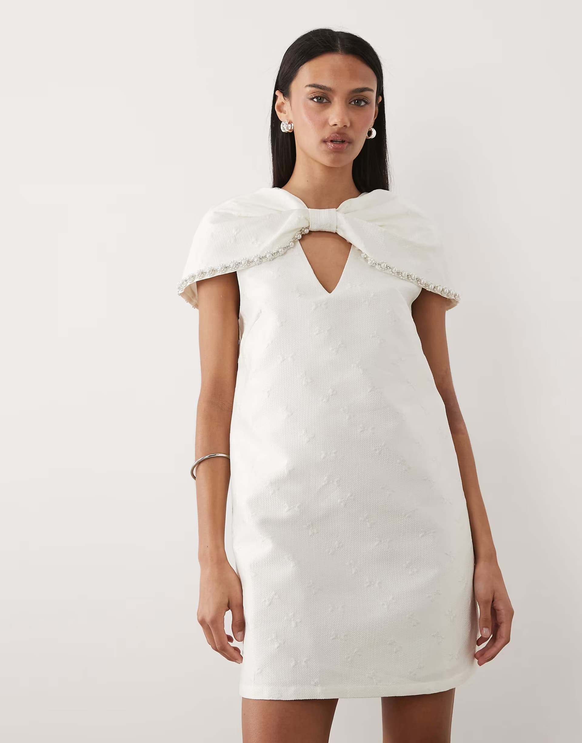 ASOS Sister Jane Bridal detachable cape detail pearl embellished mini dress in white