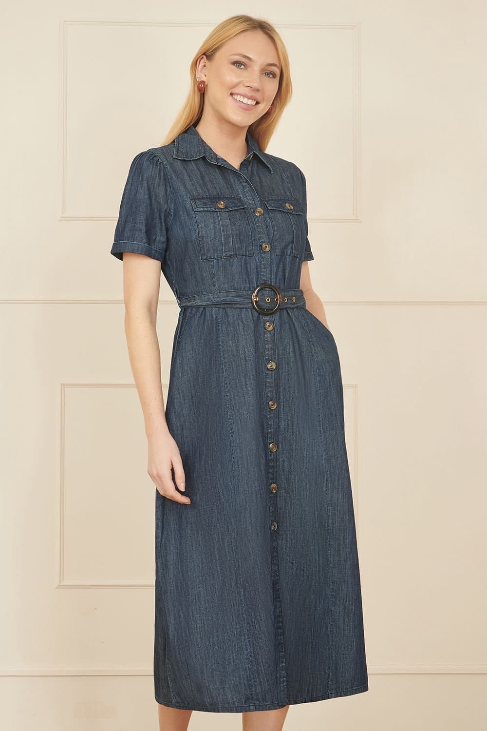 Yumi Yumi Women's Blue Chambray Utility Midi Denim Shirt Dress