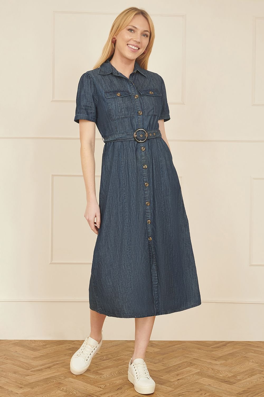 Yumi Yumi Women's Blue Chambray Utility Midi Denim Shirt Dress - 3