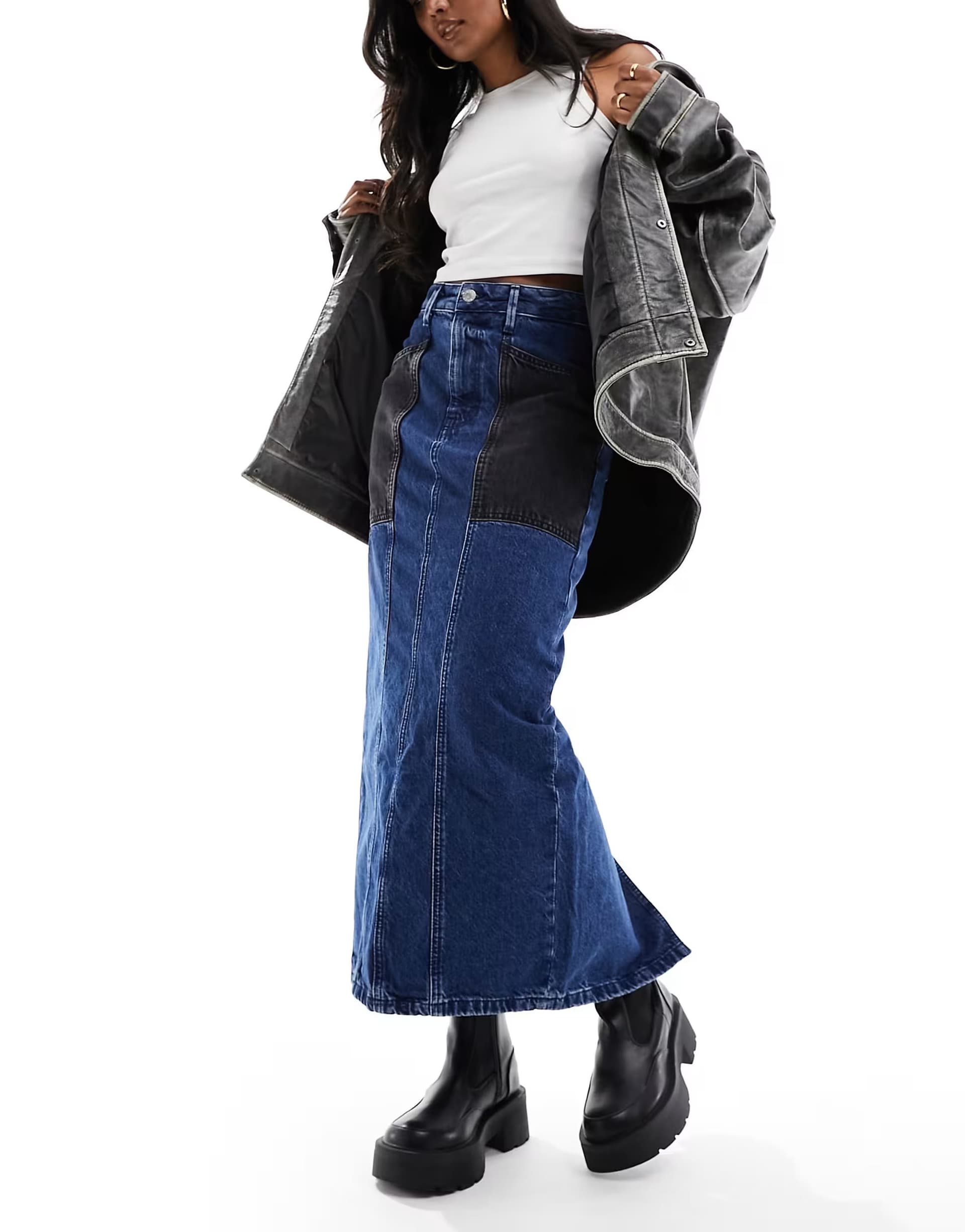 ASOS River Island patchwork denim maxi skirt in blue