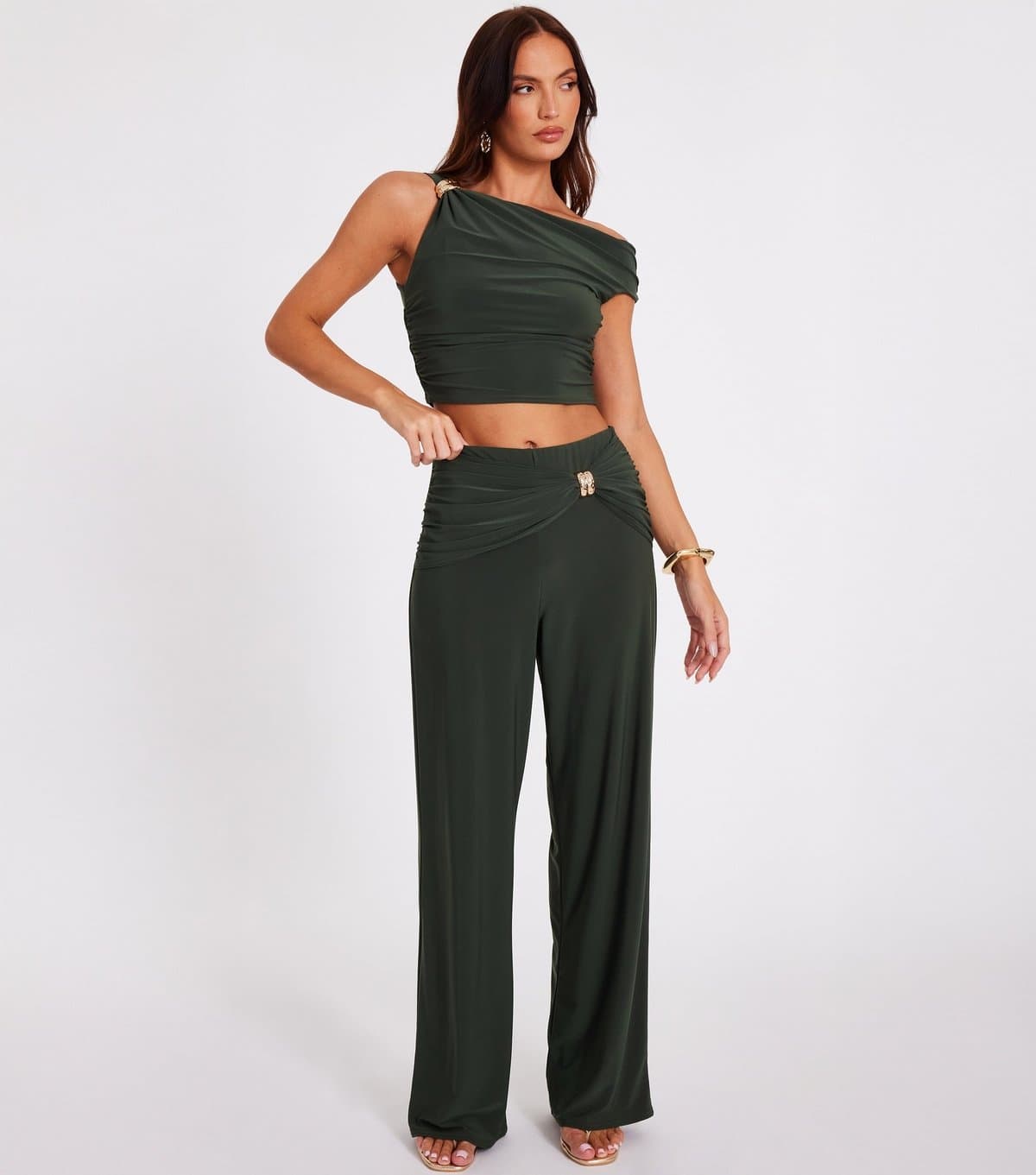 Quiz Women's Khaki Wide Leg Buckle Trousers Quiz New Look