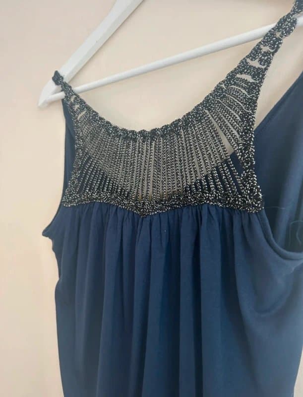 River Island 🤍 Y2K River Island Navy Beaded Top Sleeveless Draped Stretch Party Size 10