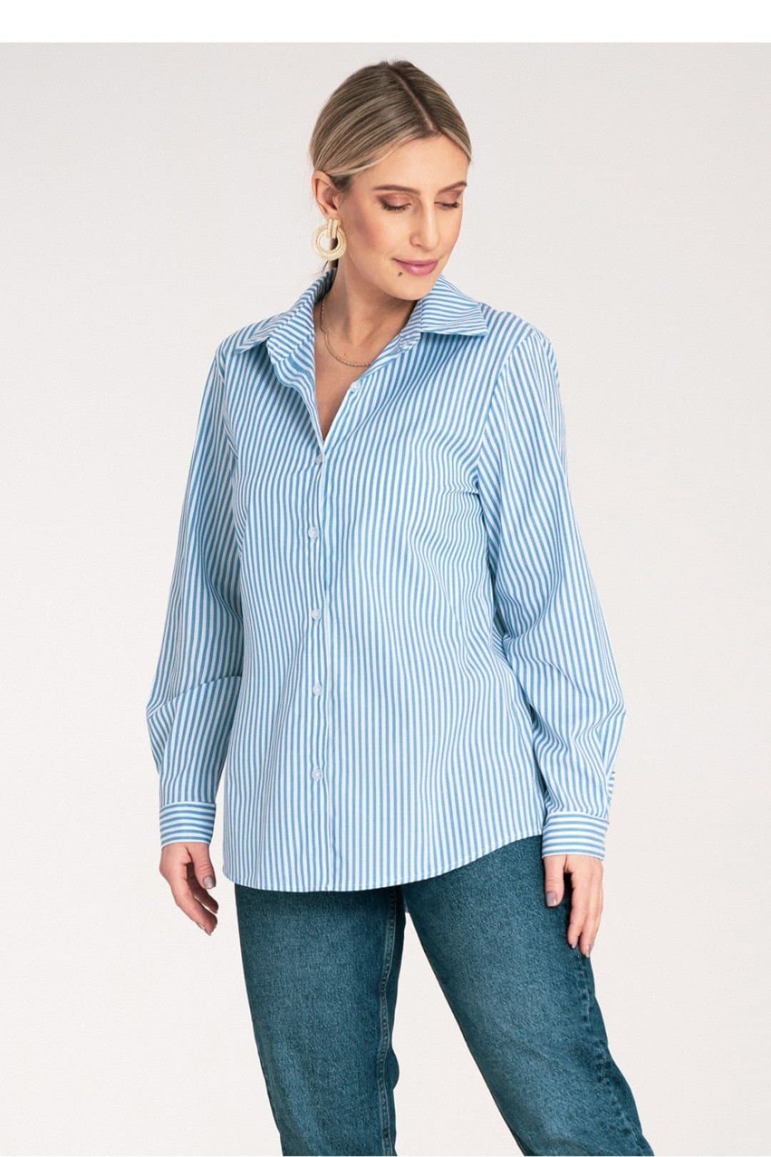 Love Lace Love Lace Women's Classic Vertical Stripe Button Long Sleeve Shirt in Blue