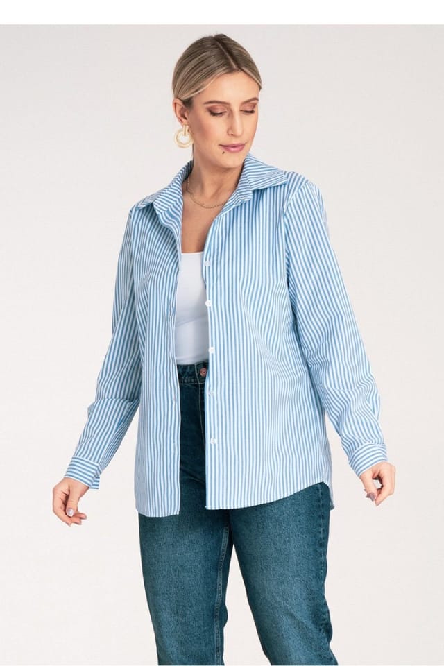 Love Lace Love Lace Women's Classic Vertical Stripe Button Long Sleeve Shirt in Blue - 2