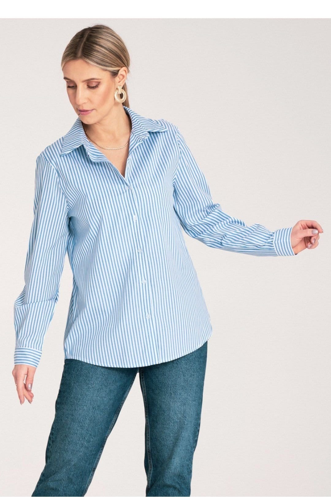 Love Lace Love Lace Women's Classic Vertical Stripe Button Long Sleeve Shirt in Blue - 4