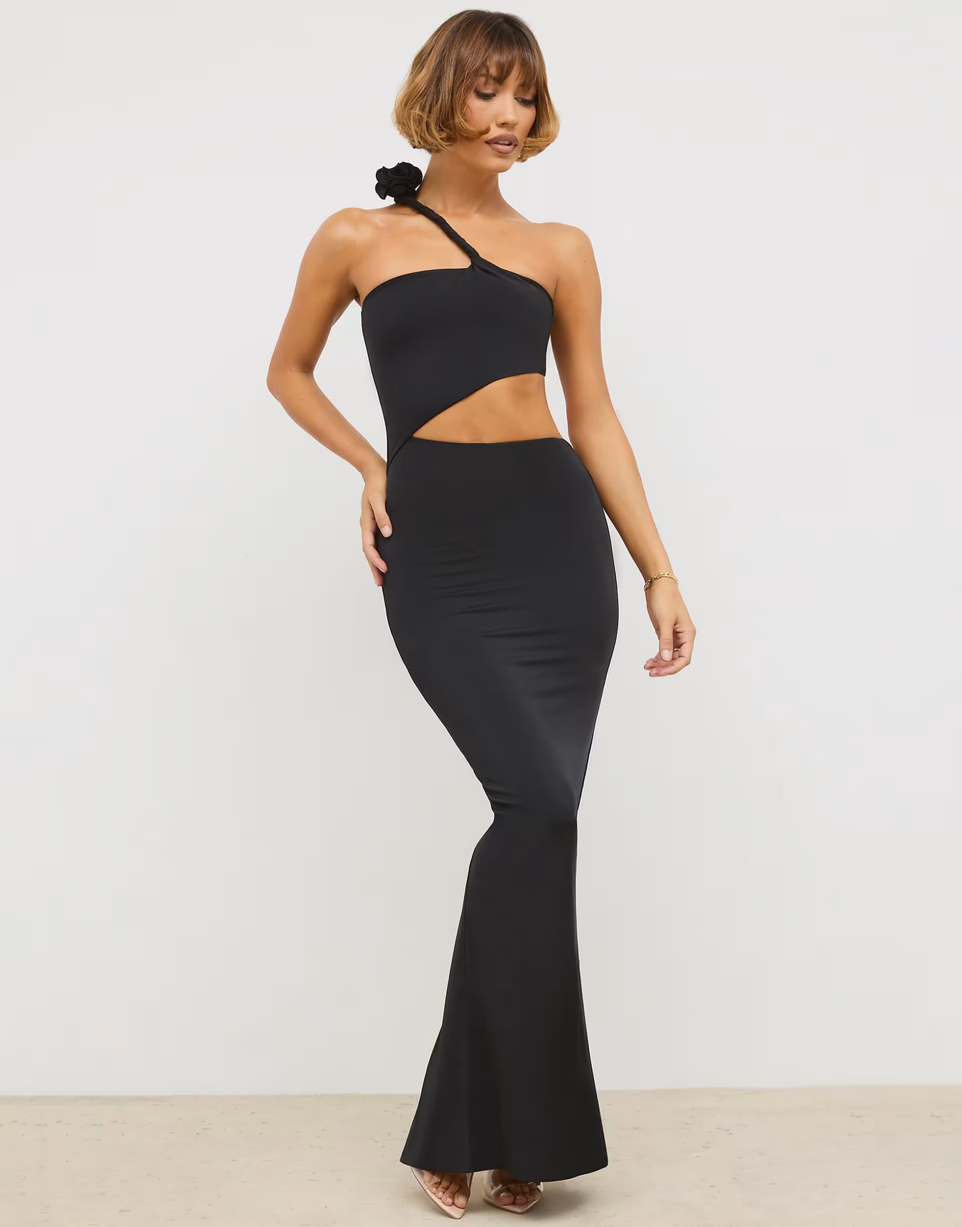 ASOS Oh Polly slinky one shoulder cut out corsage detail maxi dress in black