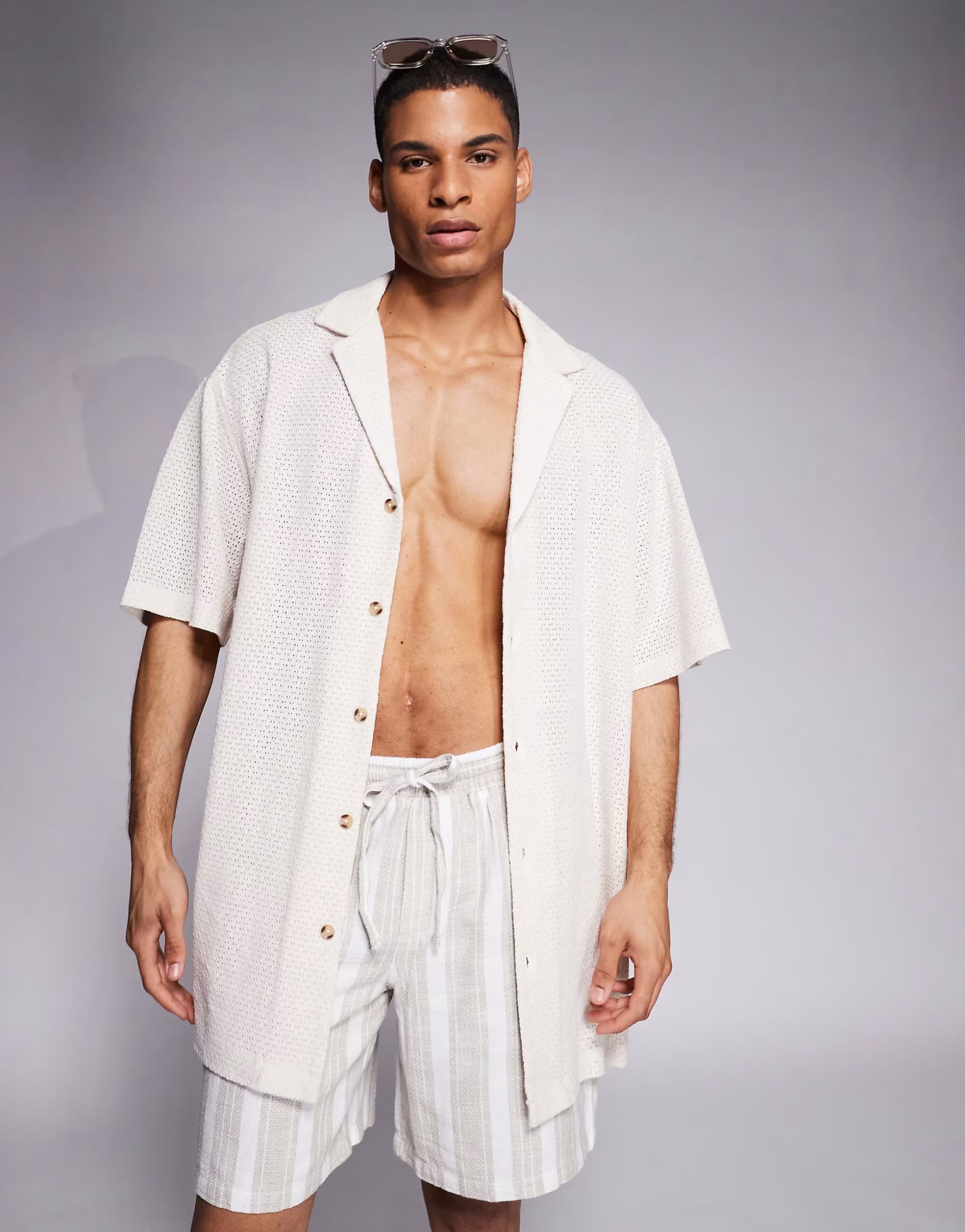 ASOS ASOS DESIGN oversized deep revere textured long length shirt in off white