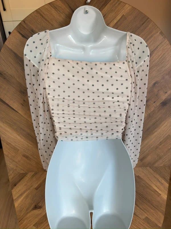 New Look Newlook Polka Dot Ruched Mesh Crop Top - Cream/ Black size 10