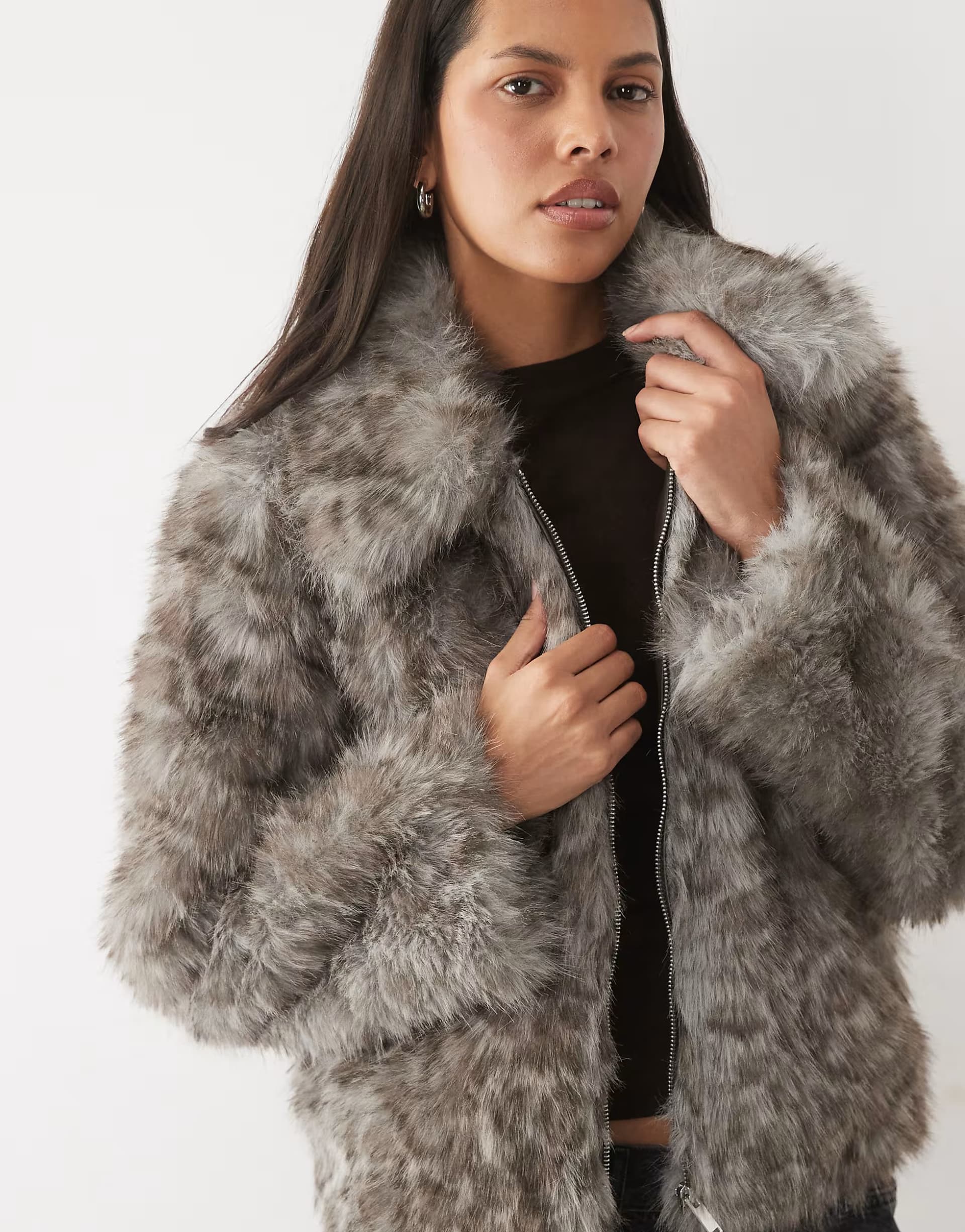 ASOS Vero Moda faux fur short jacket in medium grey leopard print