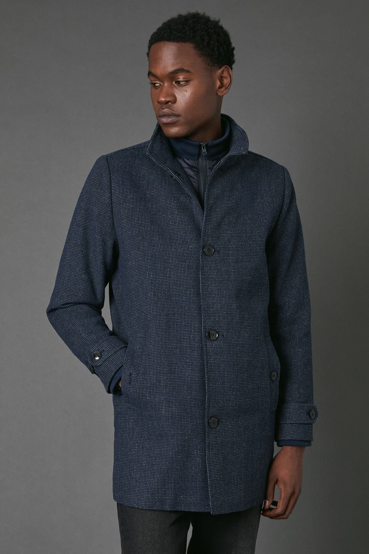 Maine Maine Men's Navy Wool Blend Funnel Neck Coat With Insert - 2