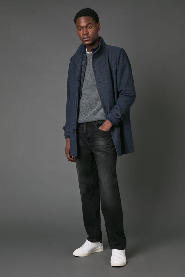 Maine Maine Men's Navy Wool Blend Funnel Neck Coat With Insert - 2