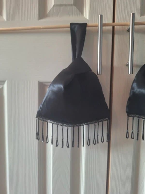 Seals of Kent Black satin Japanese Knot bag with black bead detail