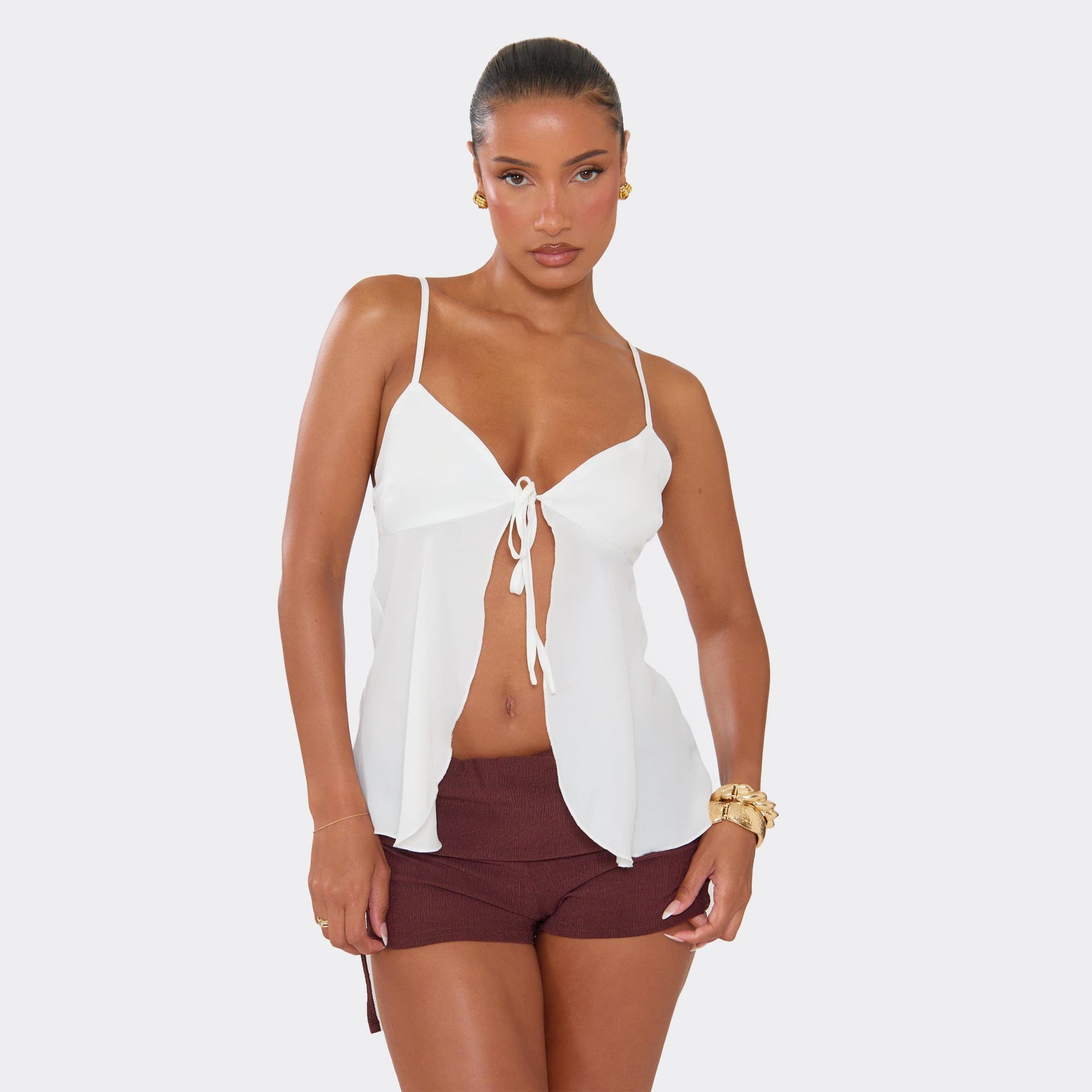 EGO Tie Front Frill Detail Top In Cream Mesh, Women's Size UK 8