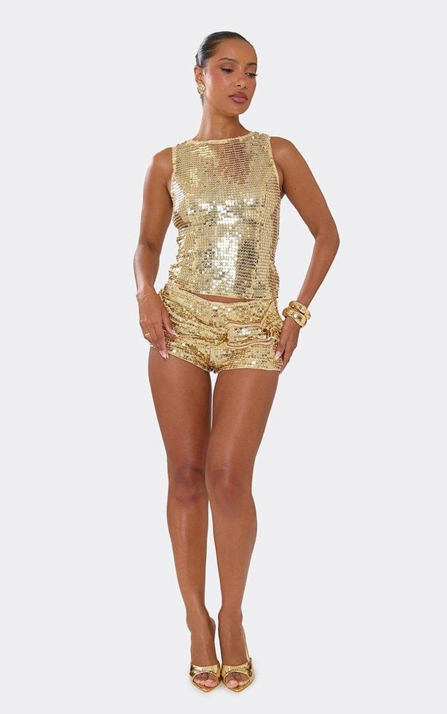 EGO Trim Detail Mini Shorts In Gold Sequin, Women's Size UK 6 - 2