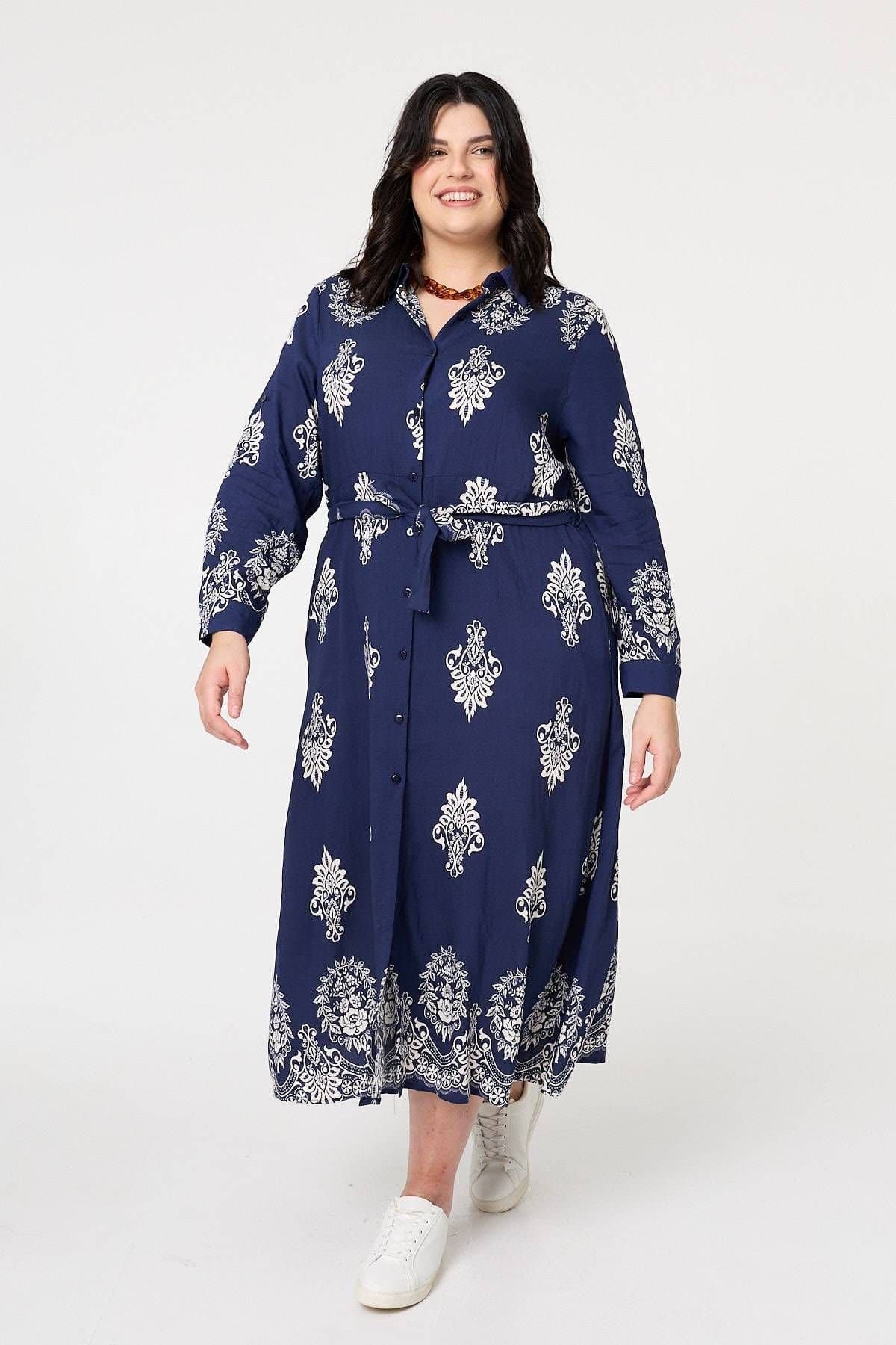 Izabel Curve Izabel Curve Women's Curve Baroque Print Maxi Shirt Dress in Navy