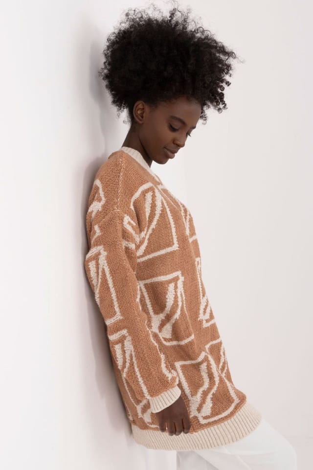 Love Lace Love Lace Women's Elongated Acrylic Wool Print Sweater in Camel - 2