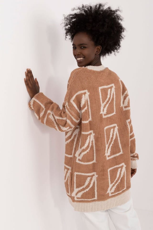 Love Lace Love Lace Women's Elongated Acrylic Wool Print Sweater in Camel - 3