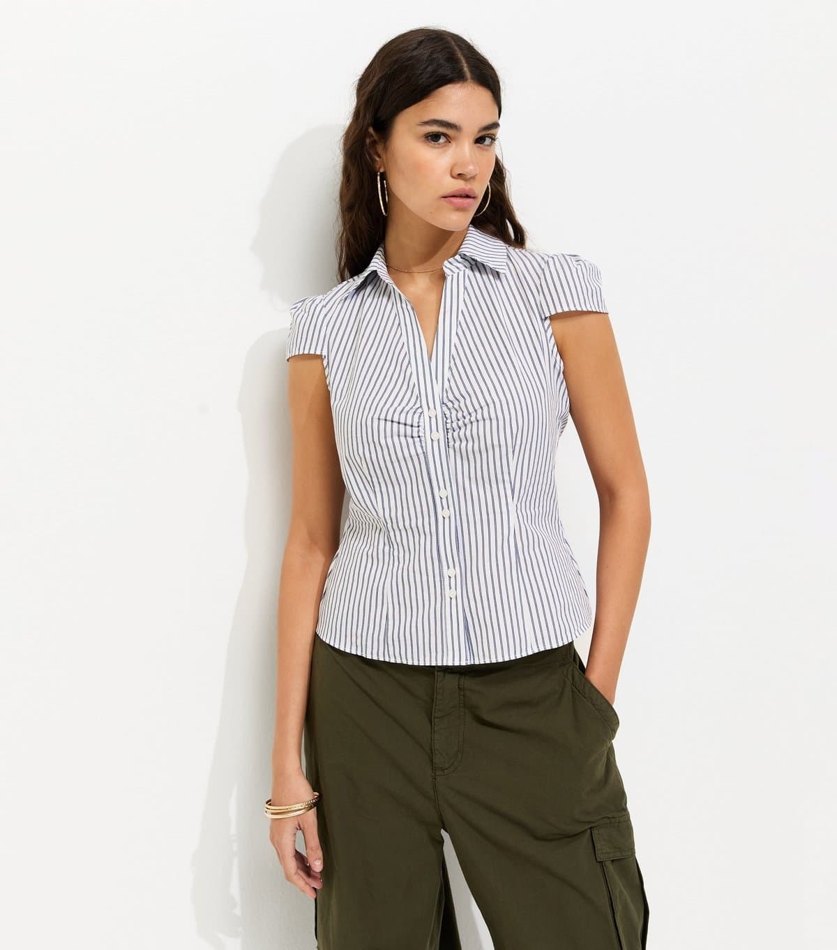 New Look Women's Blue Cotton Striped Double Button Fitted Shirt New Look