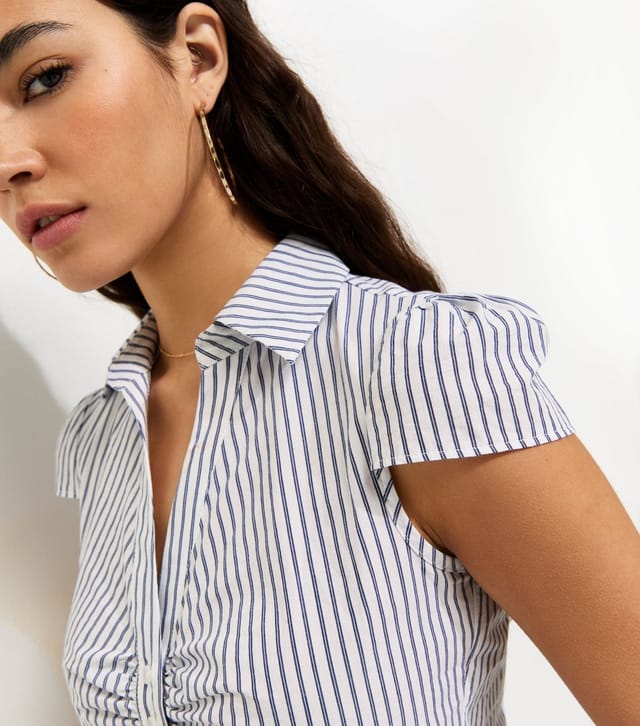 New Look Women's Blue Cotton Striped Double Button Fitted Shirt New Look - 2