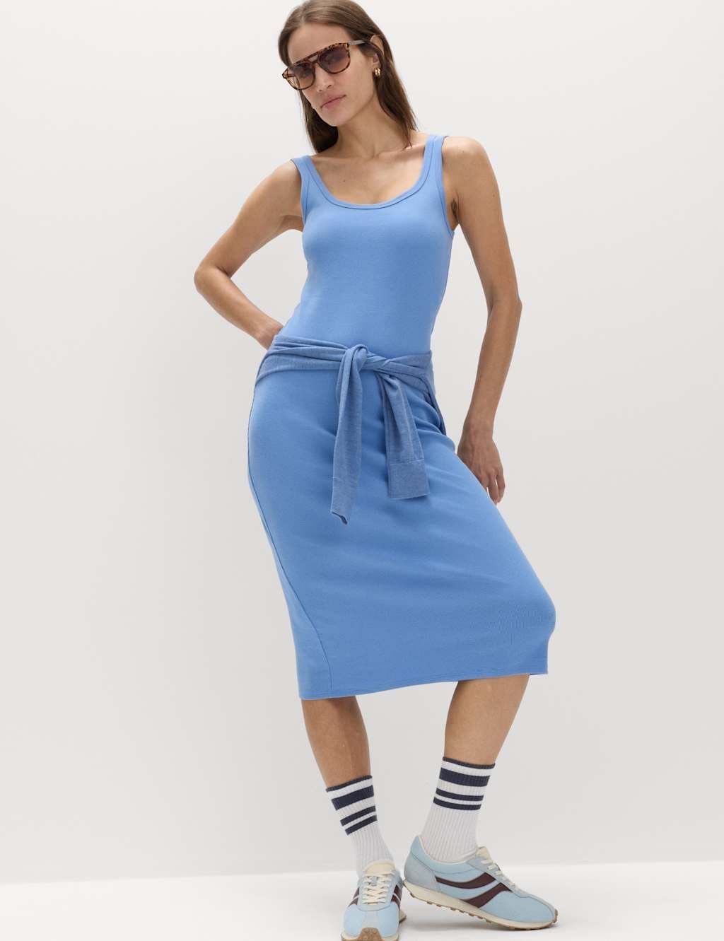 Marks & Spencer M&S Cotton Rich Ribbed Midi Column Dress Fresh Blue