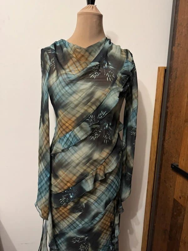 ASOS Design chiffon ruffle maxi dress in tarten print tartan check frill size S long modest