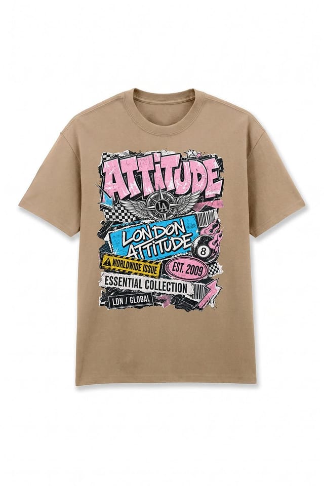 LONDON ATTITUDE LONDON ATTITUDE Men's Retro Graphic Oversized Heavyweight Streetwear T-Shirt in Light Sand - 2