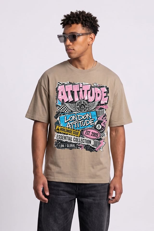 LONDON ATTITUDE LONDON ATTITUDE Men's Retro Graphic Oversized Heavyweight Streetwear T-Shirt in Light Sand - 3