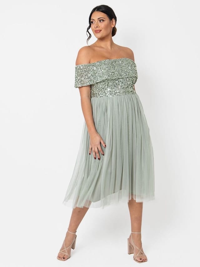 Maya Deluxe Maya Deluxe Women's Bardot Embellished Midi Dress in Mint - 3