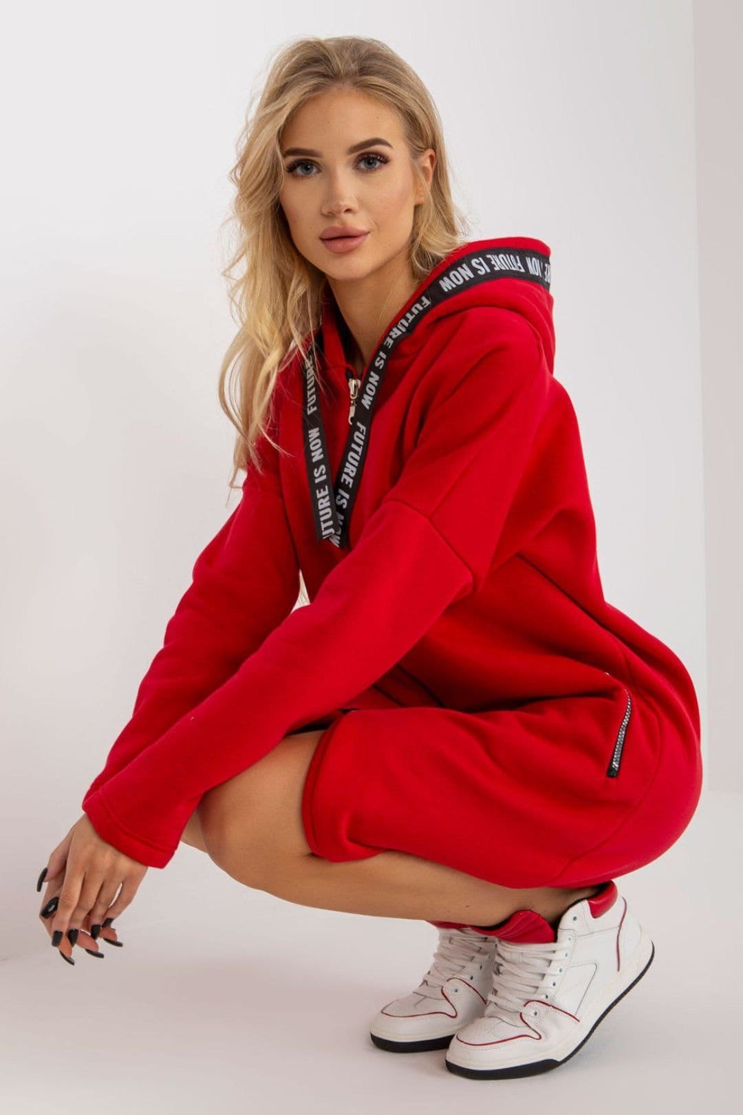 Love Lace Love Lace Women's Zip Hooded Sweatshirt with Extended Cut in Red - 4