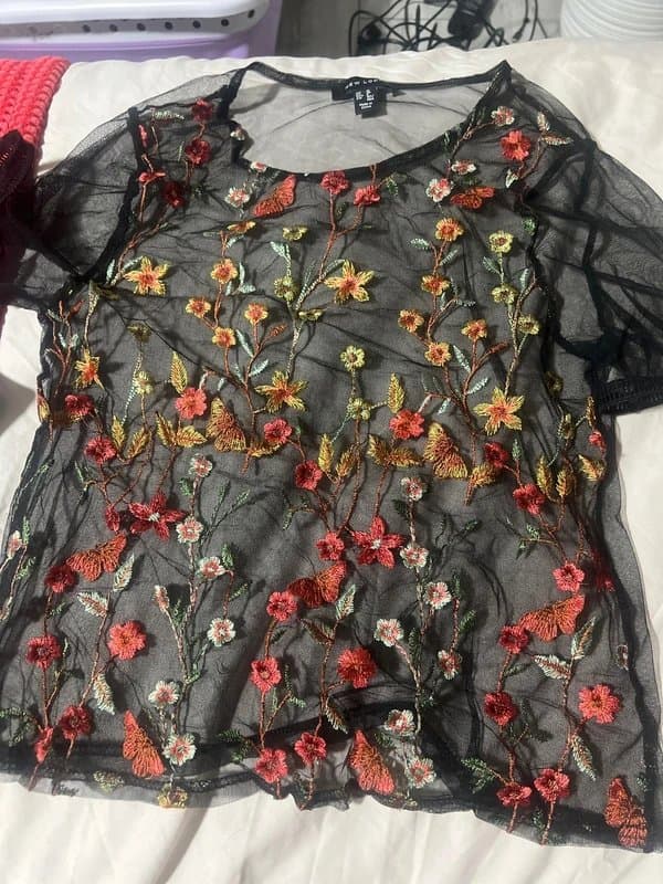 New Look Beautiful floral embellished mesh top