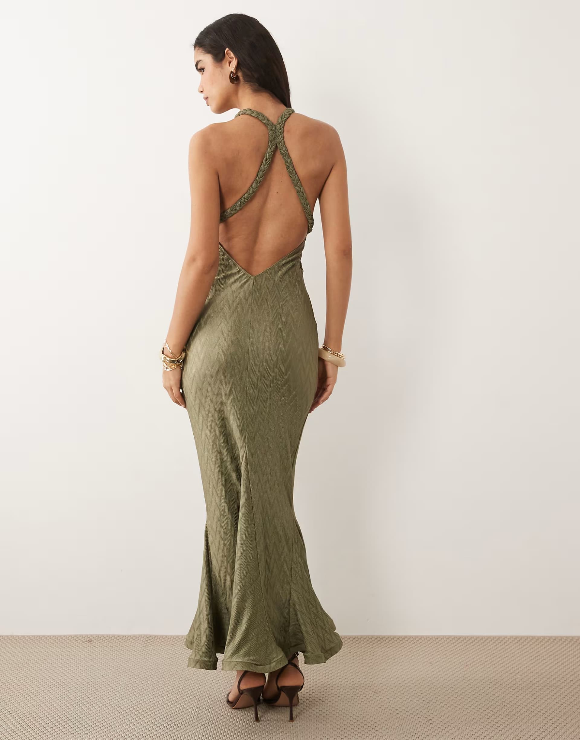 ASOS ASOS DESIGN zigzag plisse v-neck maxi dress with plait strap detail in khaki