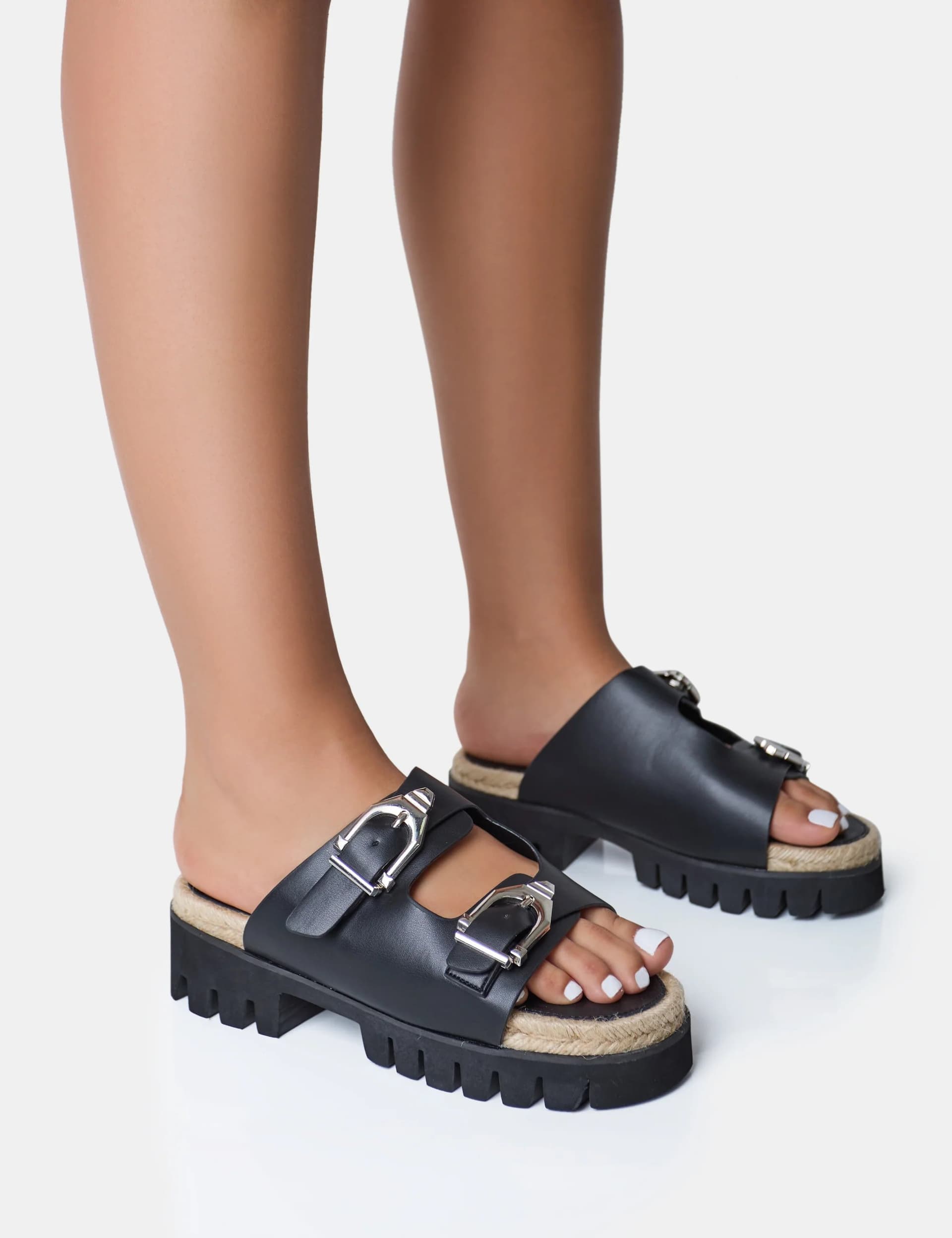 Public Desire Equinox Black Chunky Jute Detail Buckle Flatform Sandals