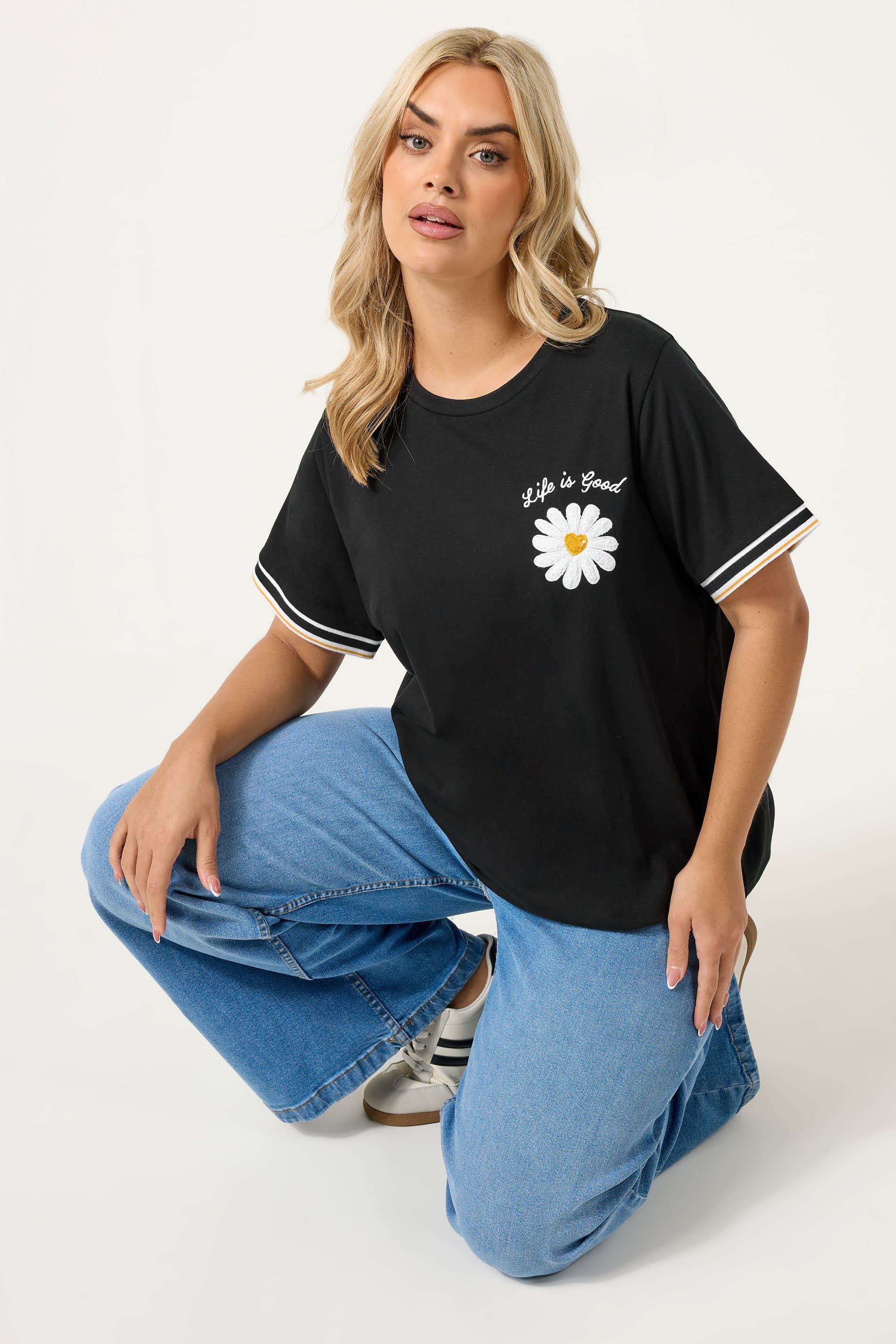 Yours Plus Size Black Daisy 'Life Is Good' Varsity Trim Tshirt
