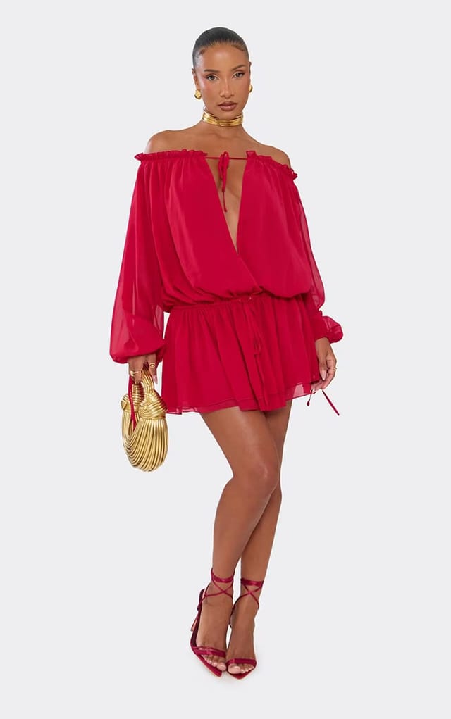 EGO Long Sleeve Bardot Tie Front Blouson Mini Dress In Red, Women's Size UK 6 - 2