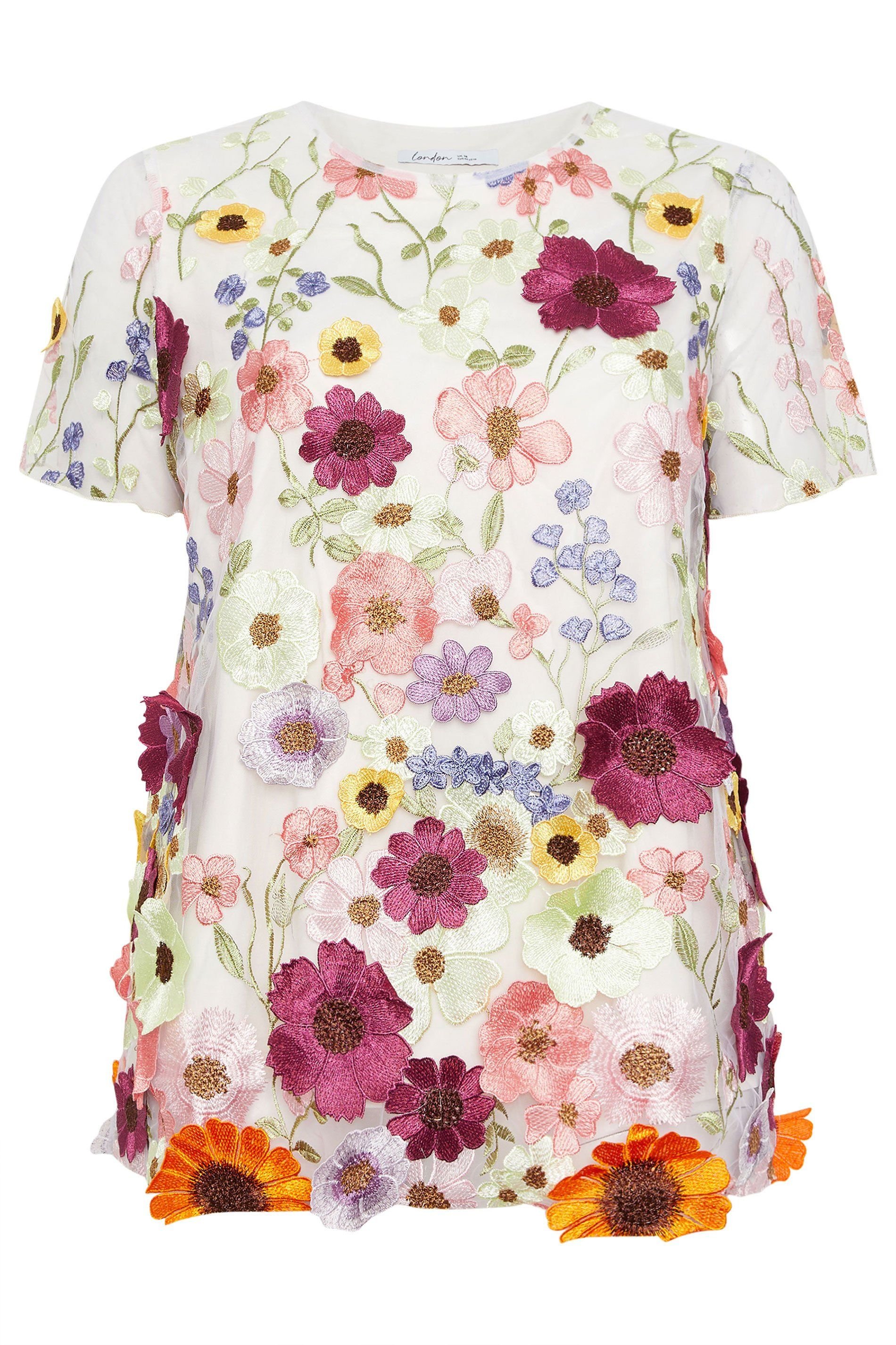 Yours Yours Women's Floral 3D Embroidered T-Shirt in White - 2