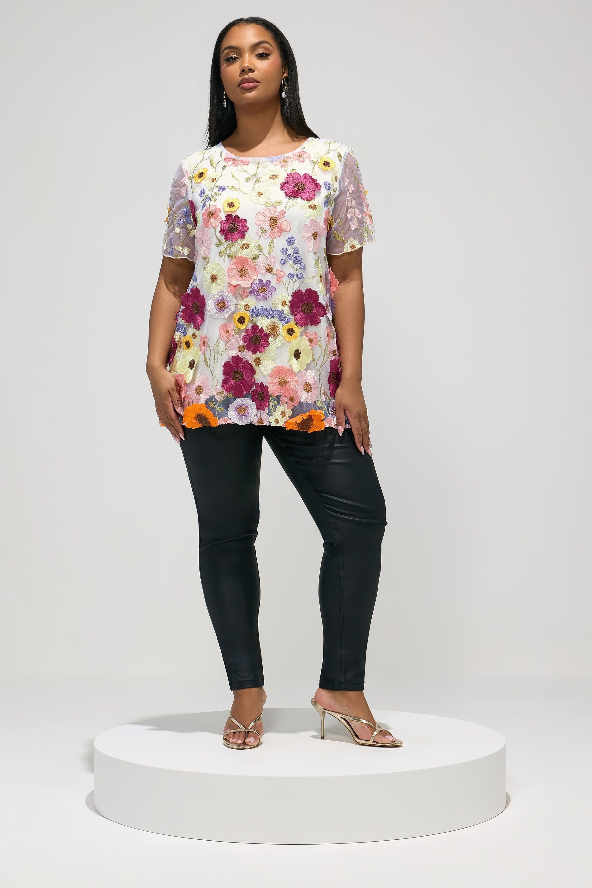 Yours Yours Women's Floral 3D Embroidered T-Shirt in White - 3