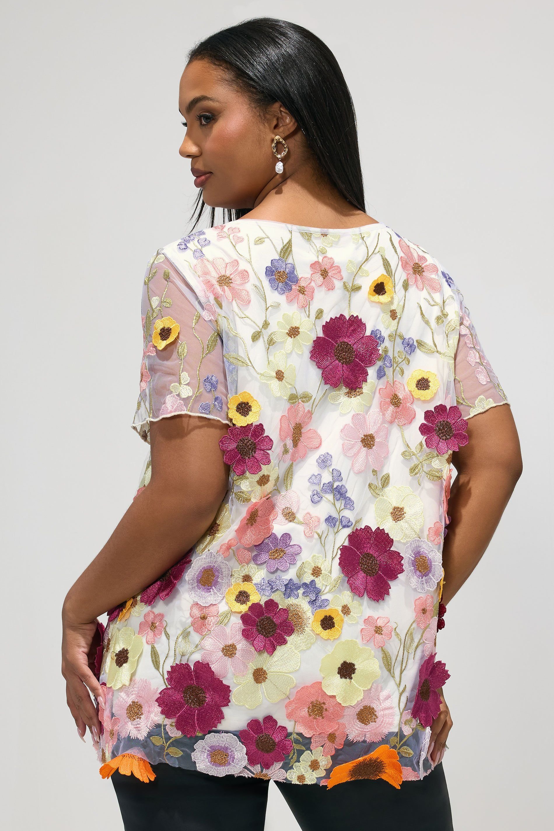 Yours Yours Women's Floral 3D Embroidered T-Shirt in White - 4