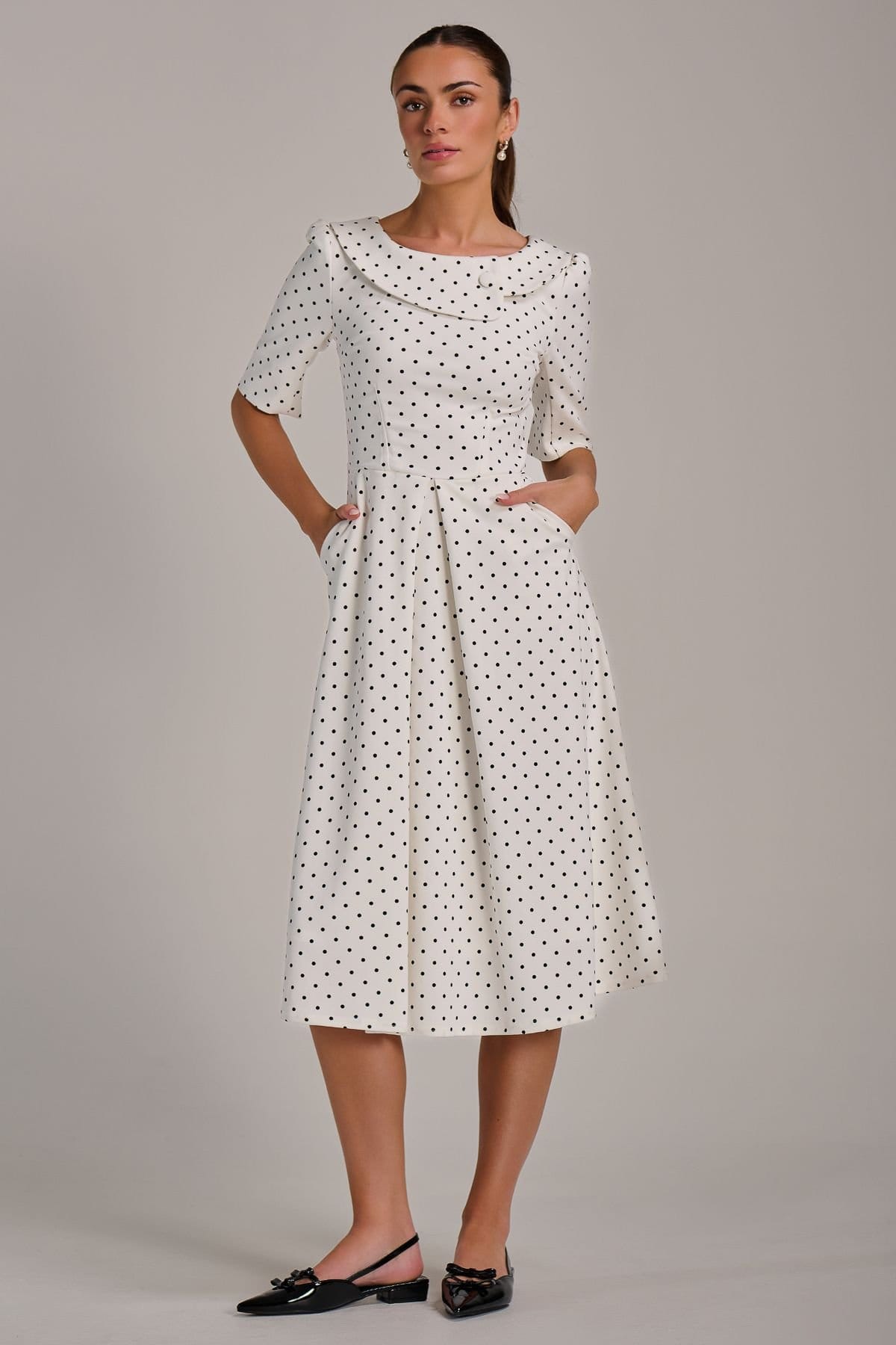Jolie Moi Jolie Moi Women's Printed Scuba Fold Collar Midi Dress in White - 4