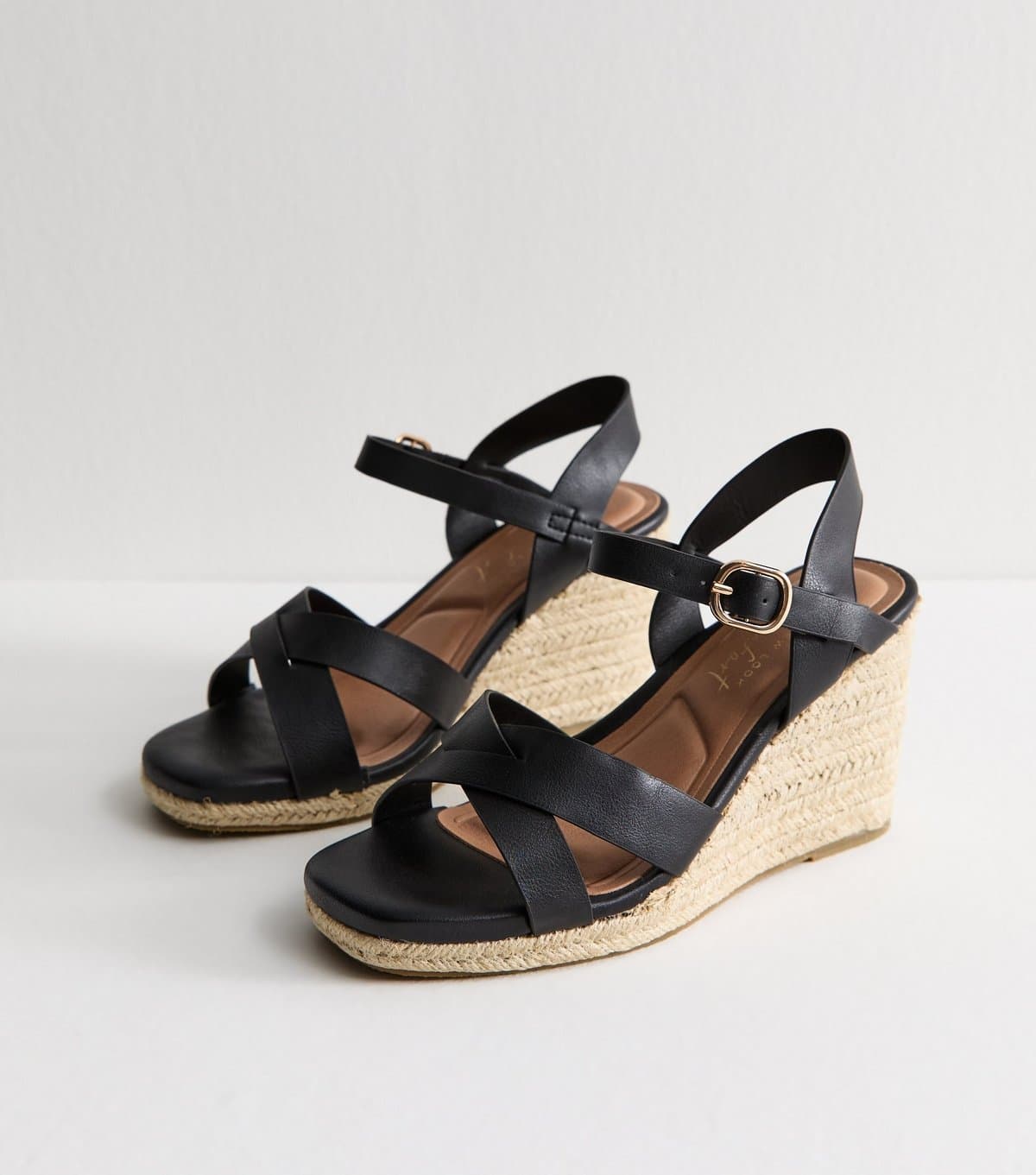 New Look Women's Extra Wide Fit Black Faux Leather Crossover Strap Wedge Sandals Vegan New Look