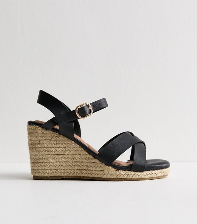 New Look Women's Extra Wide Fit Black Faux Leather Crossover Strap Wedge Sandals Vegan New Look - 3