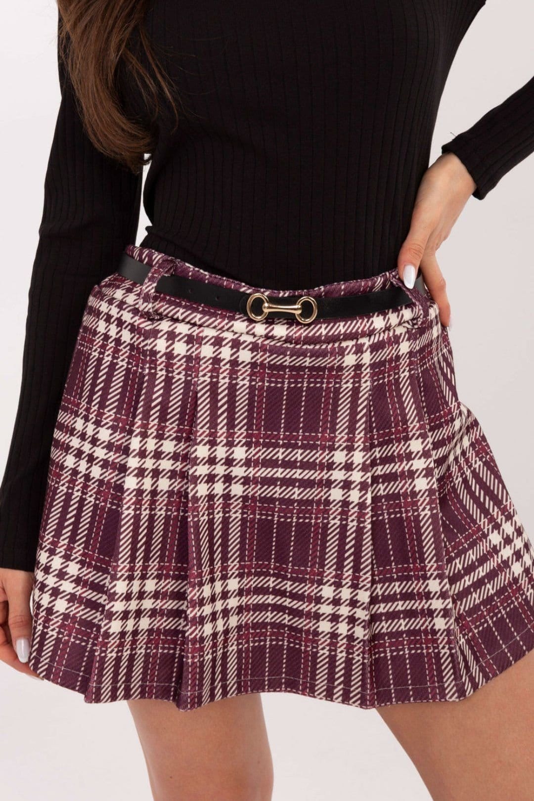 Love Lace Love Lace Women's Plaid High Waisted Skirt Shorts with Belt in Burgundy - 4