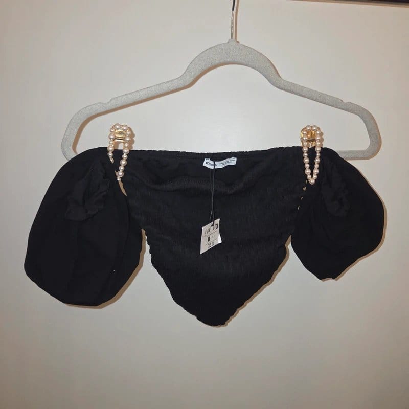 Bershka Black Ruched Puff Sleeve Top
