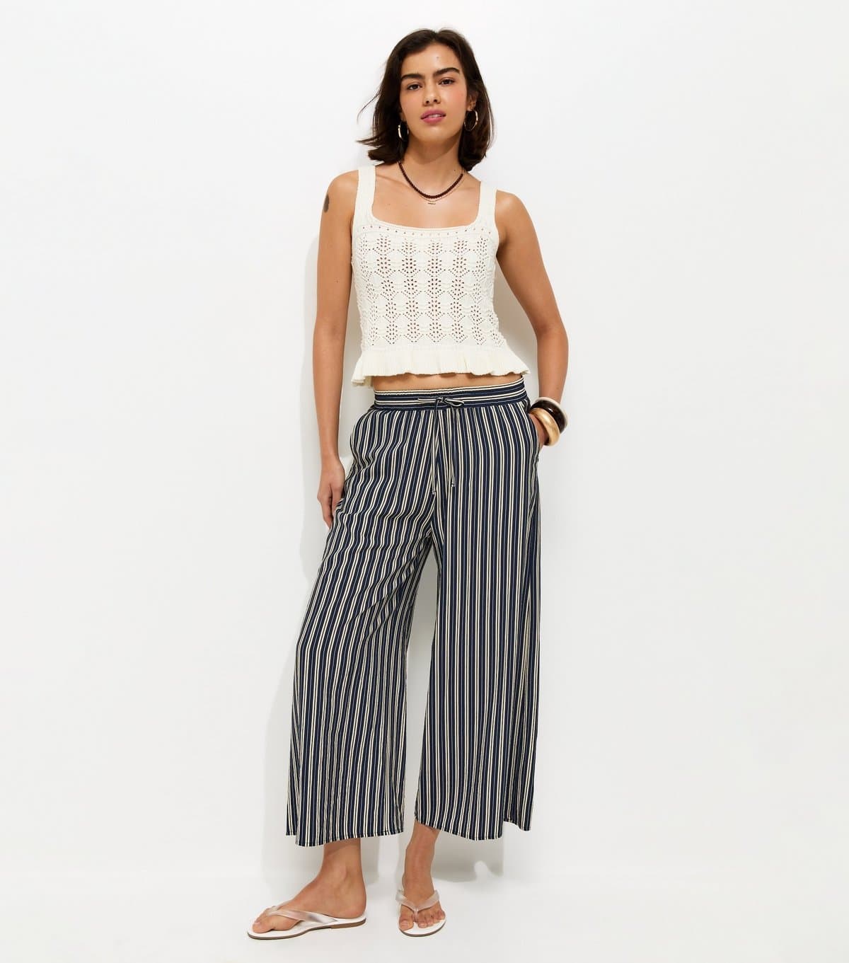 New Look Women's Navy Striped Wide Leg Cropped Trousers New Look