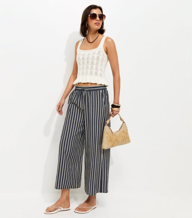 New Look Women's Navy Striped Wide Leg Cropped Trousers New Look - 2