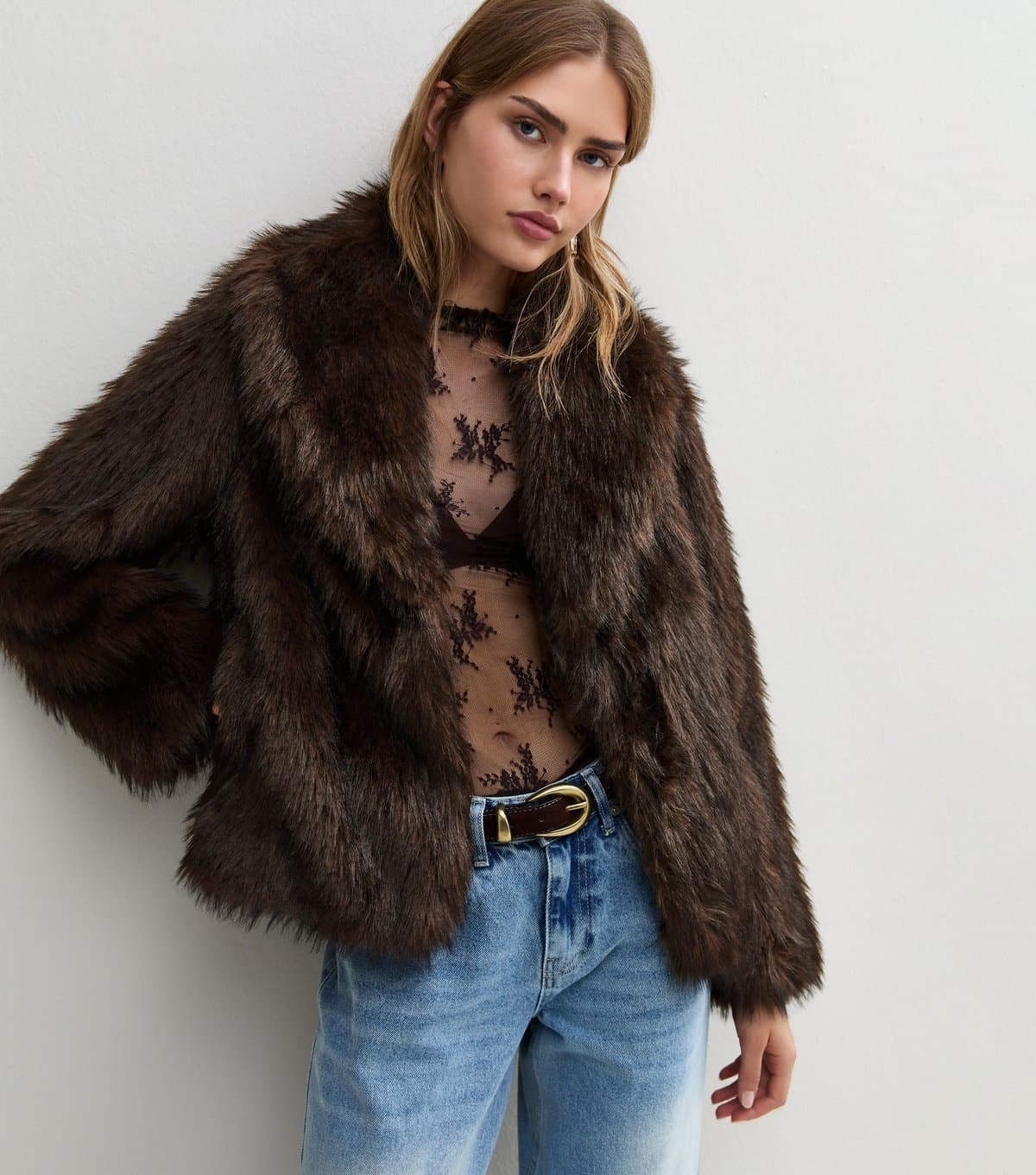 New Look Women's Dark Brown Faux Fur Shawl Collar Jacket New Look