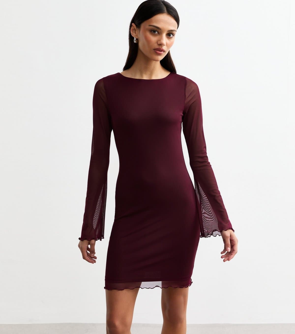 New Look Women's Burgundy Bell Sleeve Mesh Mini Dress New Look
