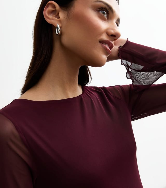 New Look Women's Burgundy Bell Sleeve Mesh Mini Dress New Look - 2