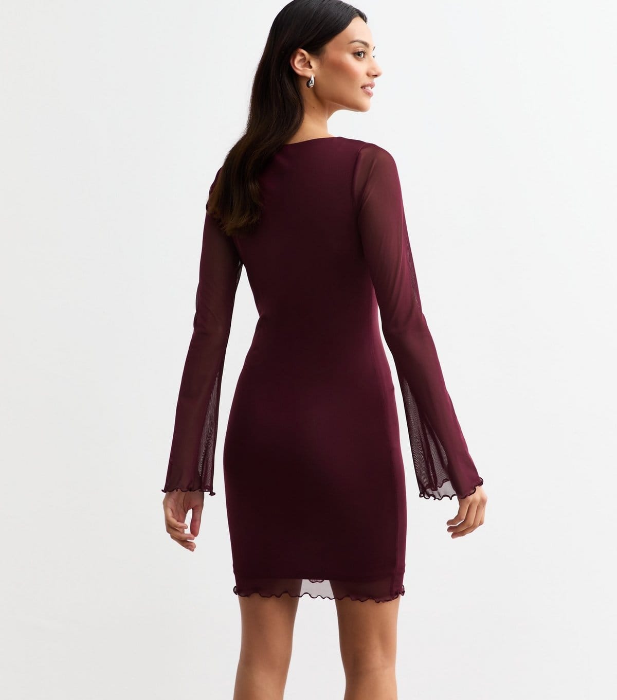 New Look Women's Burgundy Bell Sleeve Mesh Mini Dress New Look - 4