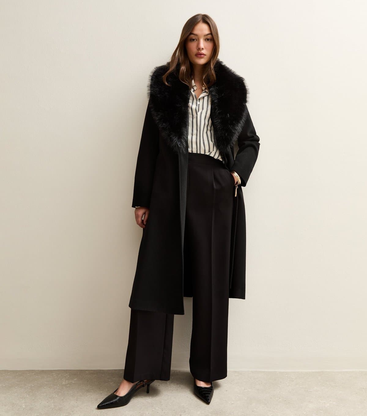 New Look New Look Black Faux Fur Collar Wrap Coat